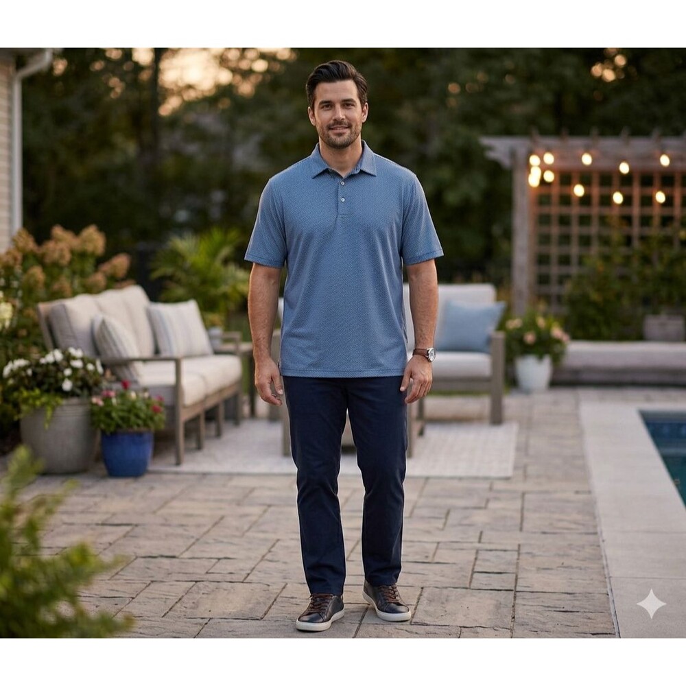 Roundtree & Yorke Performance Men 2X Golf Polo Shirt Blue All Over Print Stretch